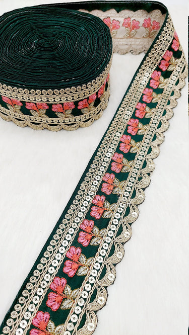 Art Silk Trim Gold Embroidered Sequins Pink Floral Trim, Decorative Trim, Indian Sari Border